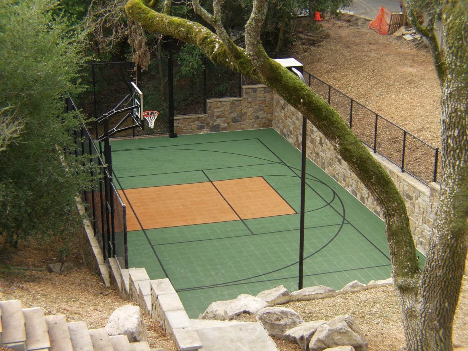 Backyard Custom Sport Court Multi Court Basketball Tennis Pickleball Court Builder Retaining Wall Landscape Backyard Design